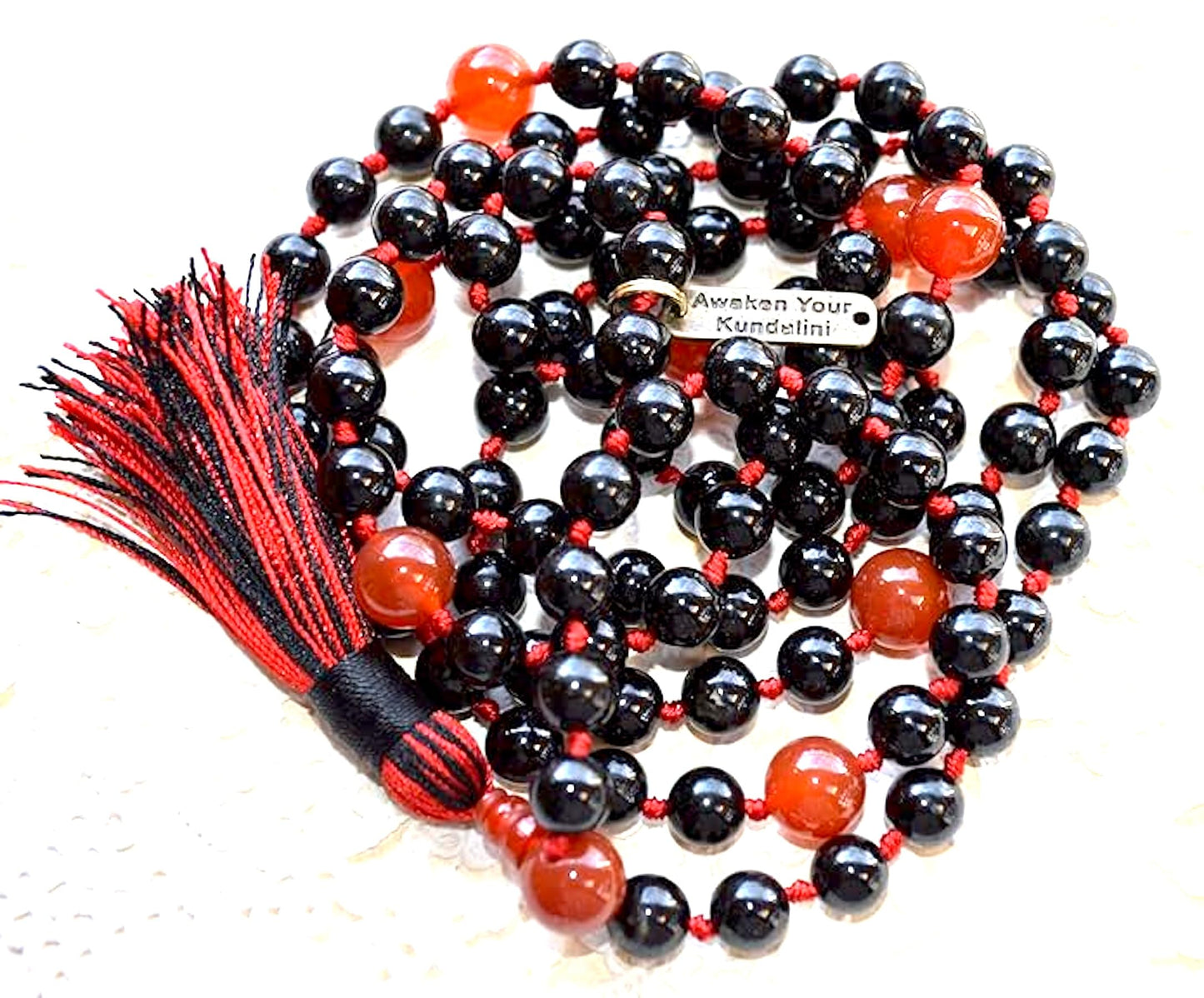 AWAKEN YOUR KUNDALINI Hand Knotted Black Tourmaline & Carnelian Mala Beads Necklace - Birthstone for Leo, Root and Sacral Chakra