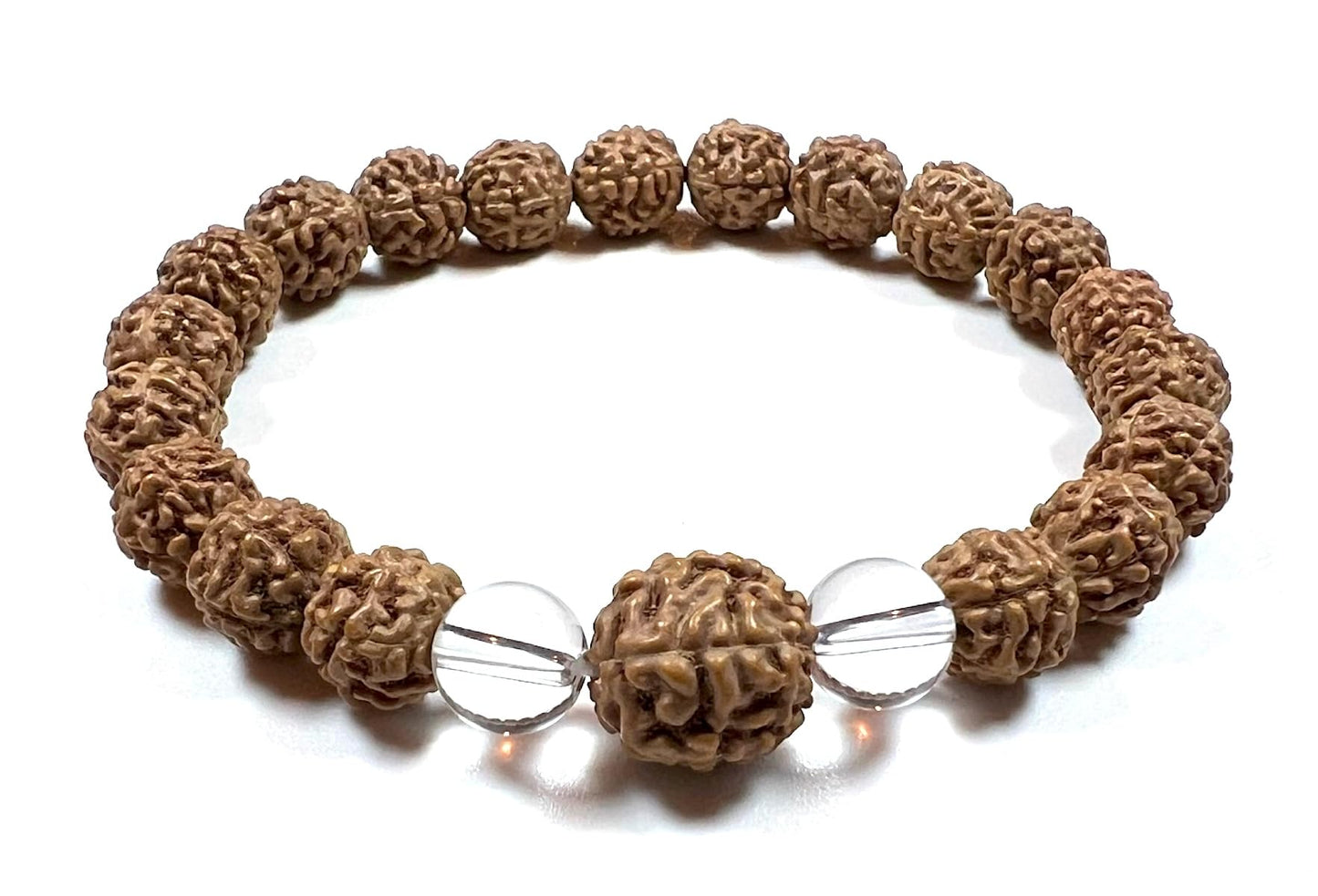 AWAKEN YOUR KUNDALINI Divine Harmony - Stretch Bracelet with Rudraksha & Crystal Quartz - 5 Mukhi, 7 Mukhi Rudraksha, April Birthstone, Taurus Gemstone, Root Chakra