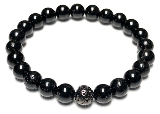 Black Tourmaline And Lava Rock Stretch Bracelet - October Birthstone for Libra - Root Chakra Association