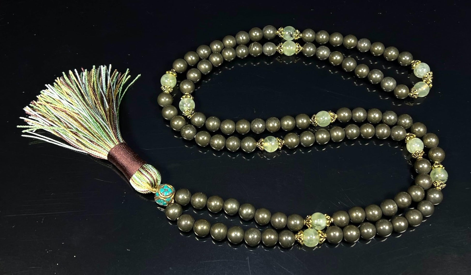 Pyrite Prehnite Mala Necklace Product Photography HIRANYA Collection 108 Beads Fool's Gold Heart Stone Chakra Healing Abundance Manifestation Meditation Jewelry Handmade USA Natural Stone AYK