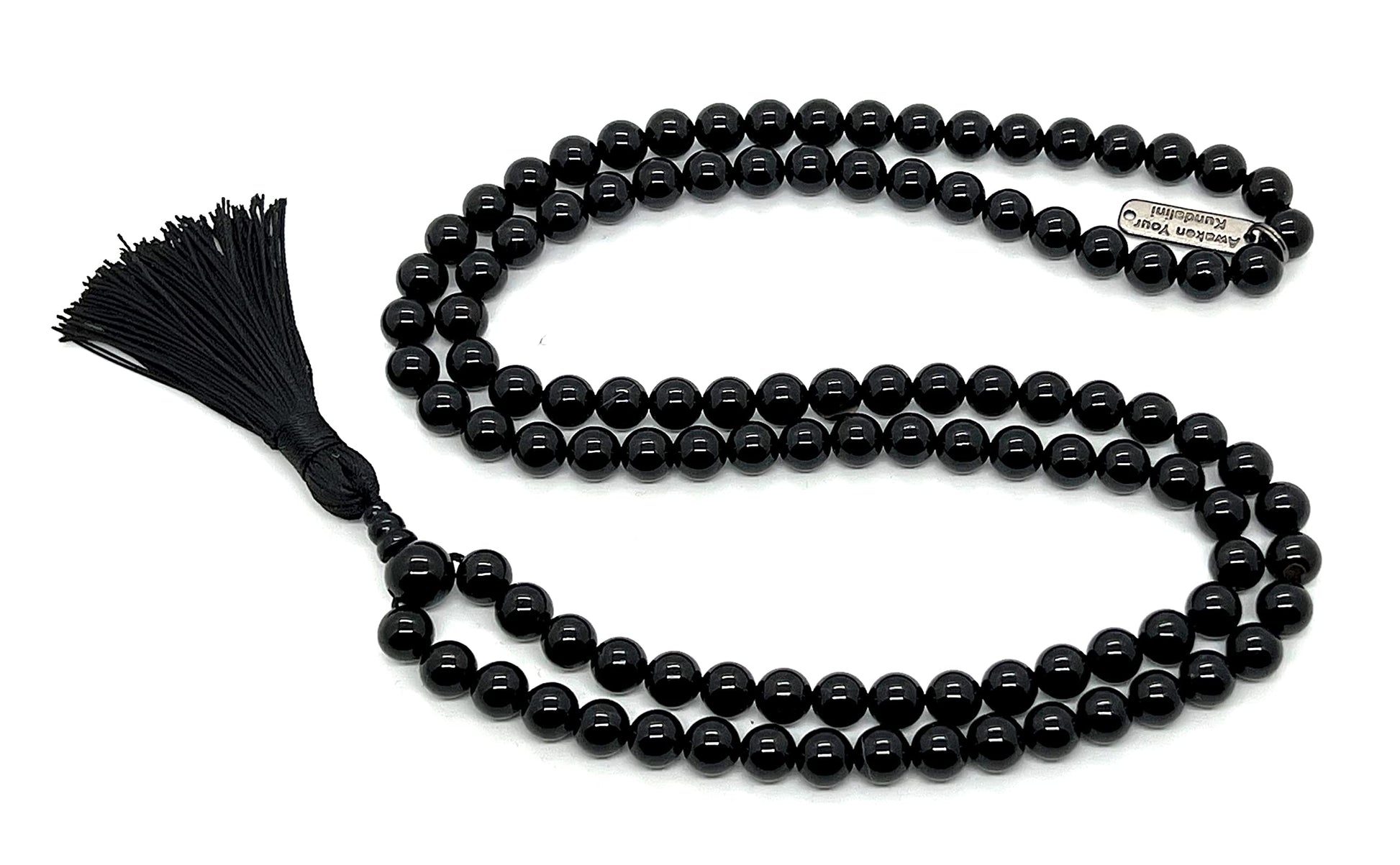"108 Bead Black Tourmaline Mala Detail - Premium Natural Stone Texture for Spiritual Healing Jewelry"