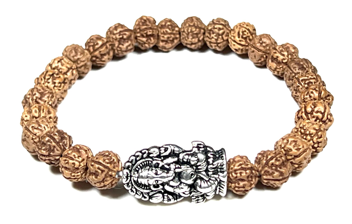 5 Mukhi Rudraksha Beads Stretchable Bracelet - 8mm Real Chikna Rudraksh Beads - w/God Ganesha Ganesh Ganpati Accent - Natural & Ethically Sourced