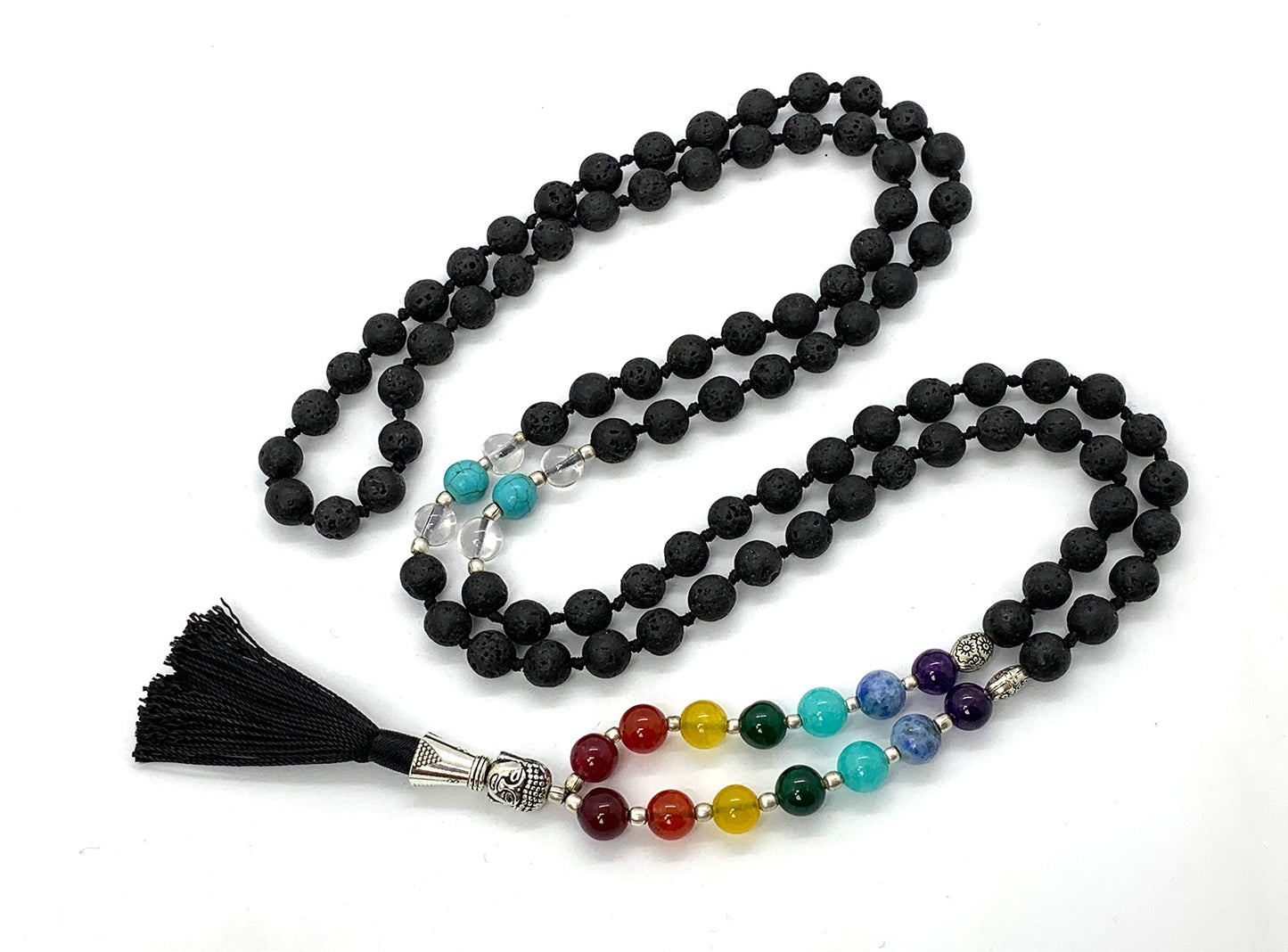 VULCAN 7 Chakra Lava Mala Necklace | Hand Knotted with Buddha Guru Bead | 8mm