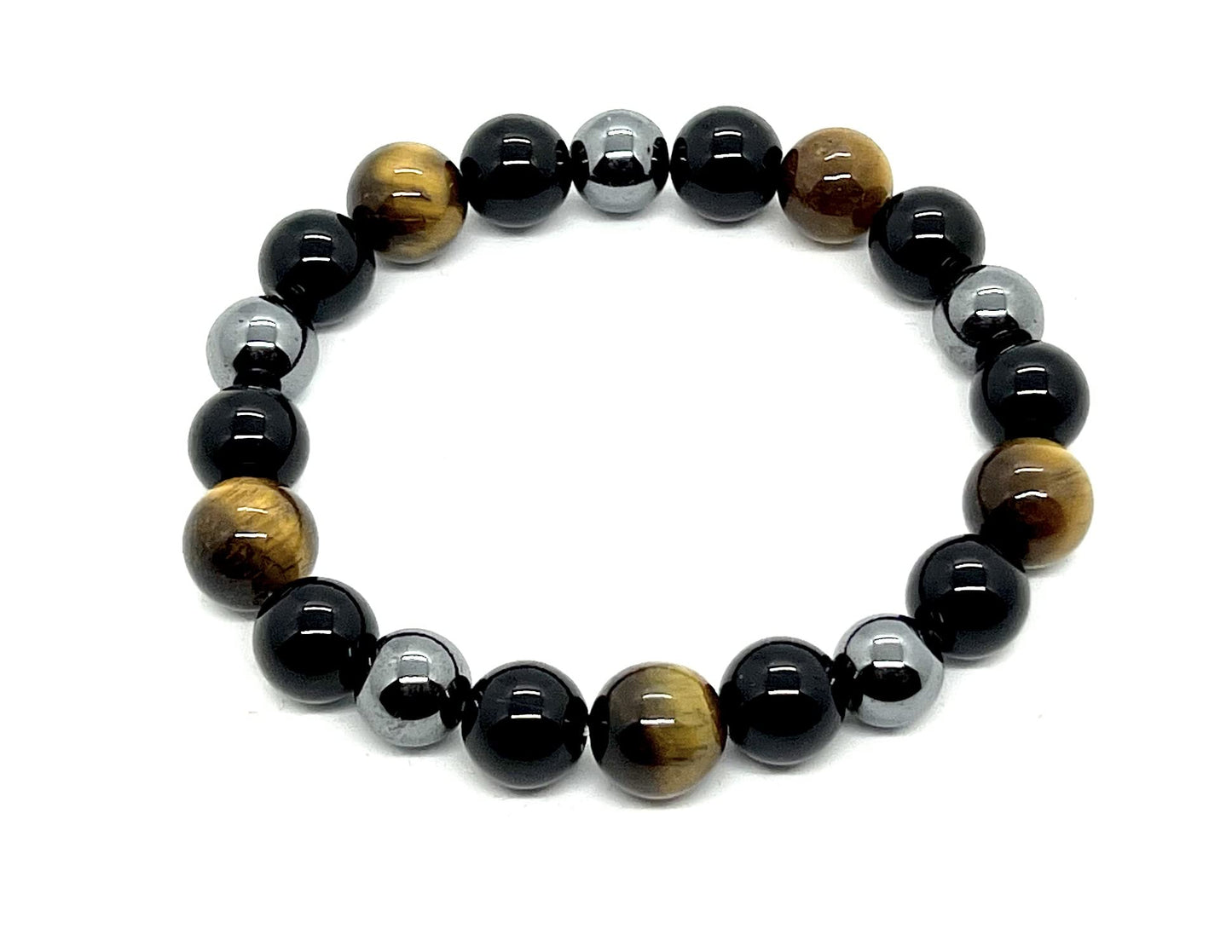 Triple Protection Bracelet - Tiger's Eye Black Tourmaline and Pyrite 10mm Beaded Stretch Bracelet - 7.5 Inches Wrist Size