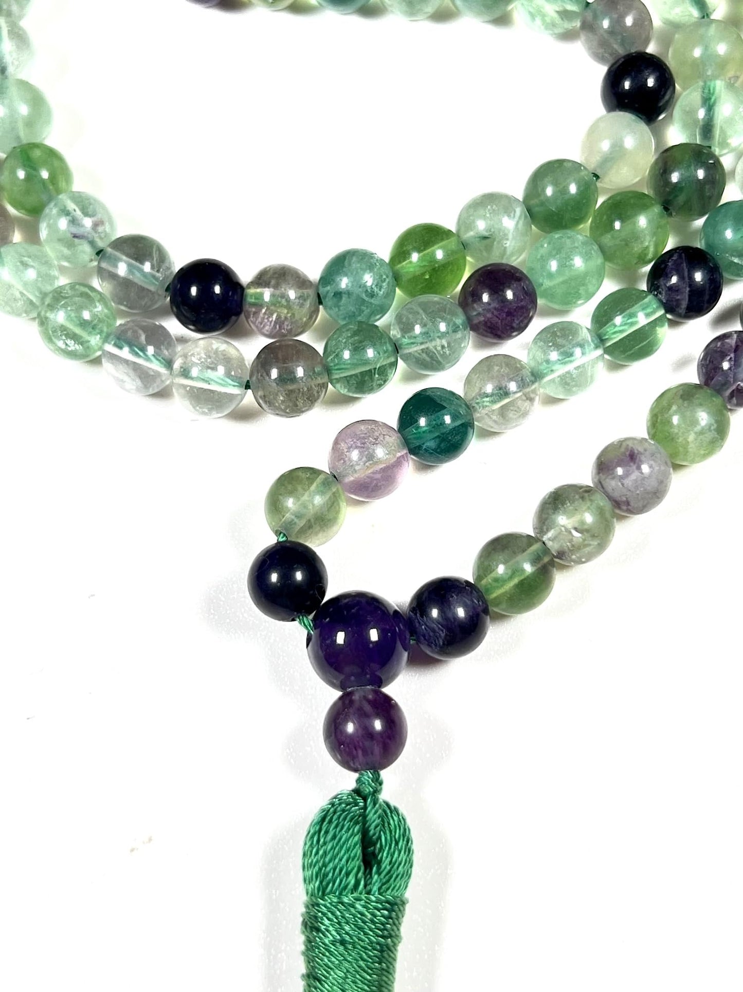 Handmade Rainbow Fluorite Mala Beads Necklace – 6mm & 8mm 108 Beads – Pisces Birthstone – Third Eye & Crown Chakra