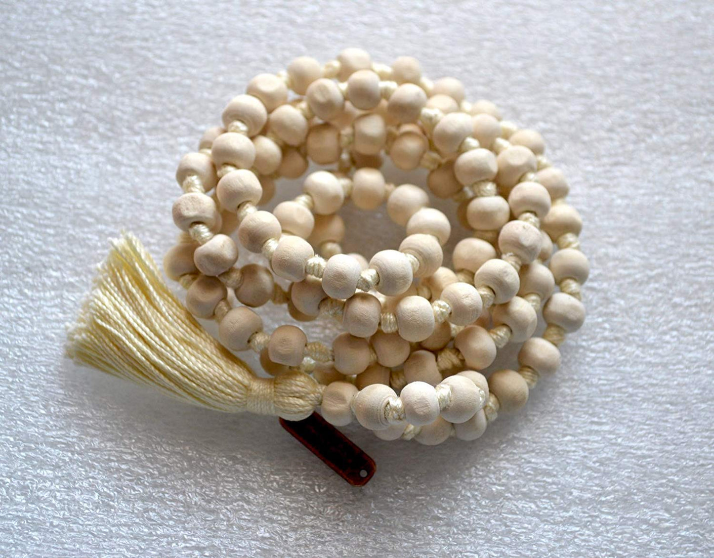 Tulsi Mala Beaded Necklace - Hand Knotted Tulasi Beads - 7 Chakra Mala (White String)