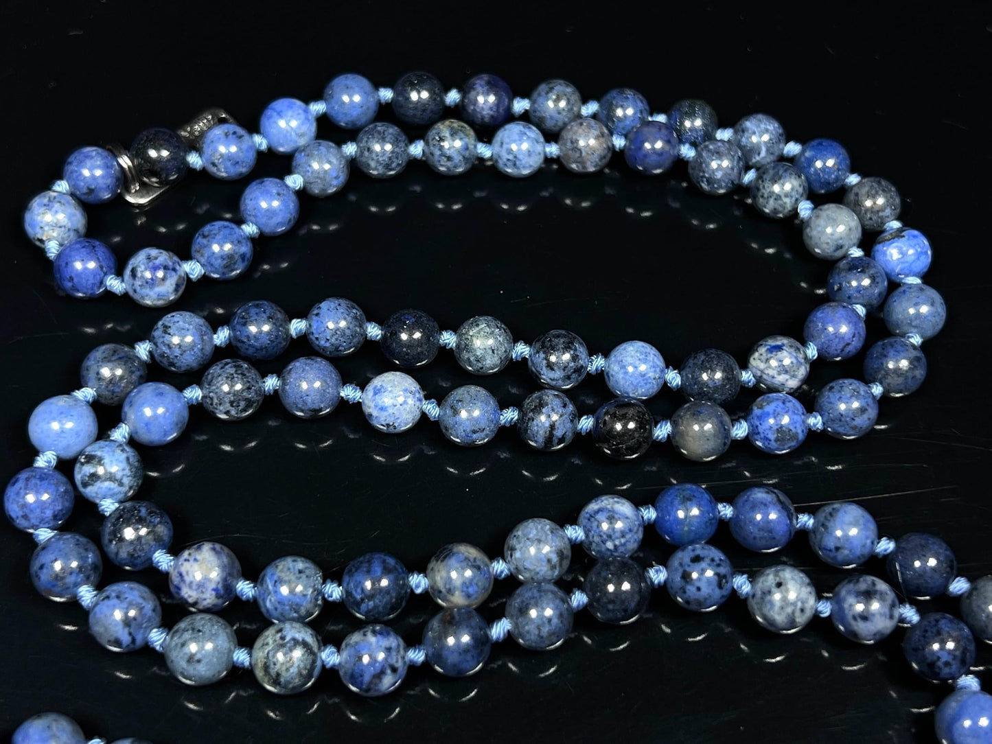 Hand Knotted Dumortierite Mala Necklace β 8mm | 108 Beads | Third Eye & Throat Chakras | September Birthstone Energy | Stone of Mental Clarity & Patience | Ethically Sourced