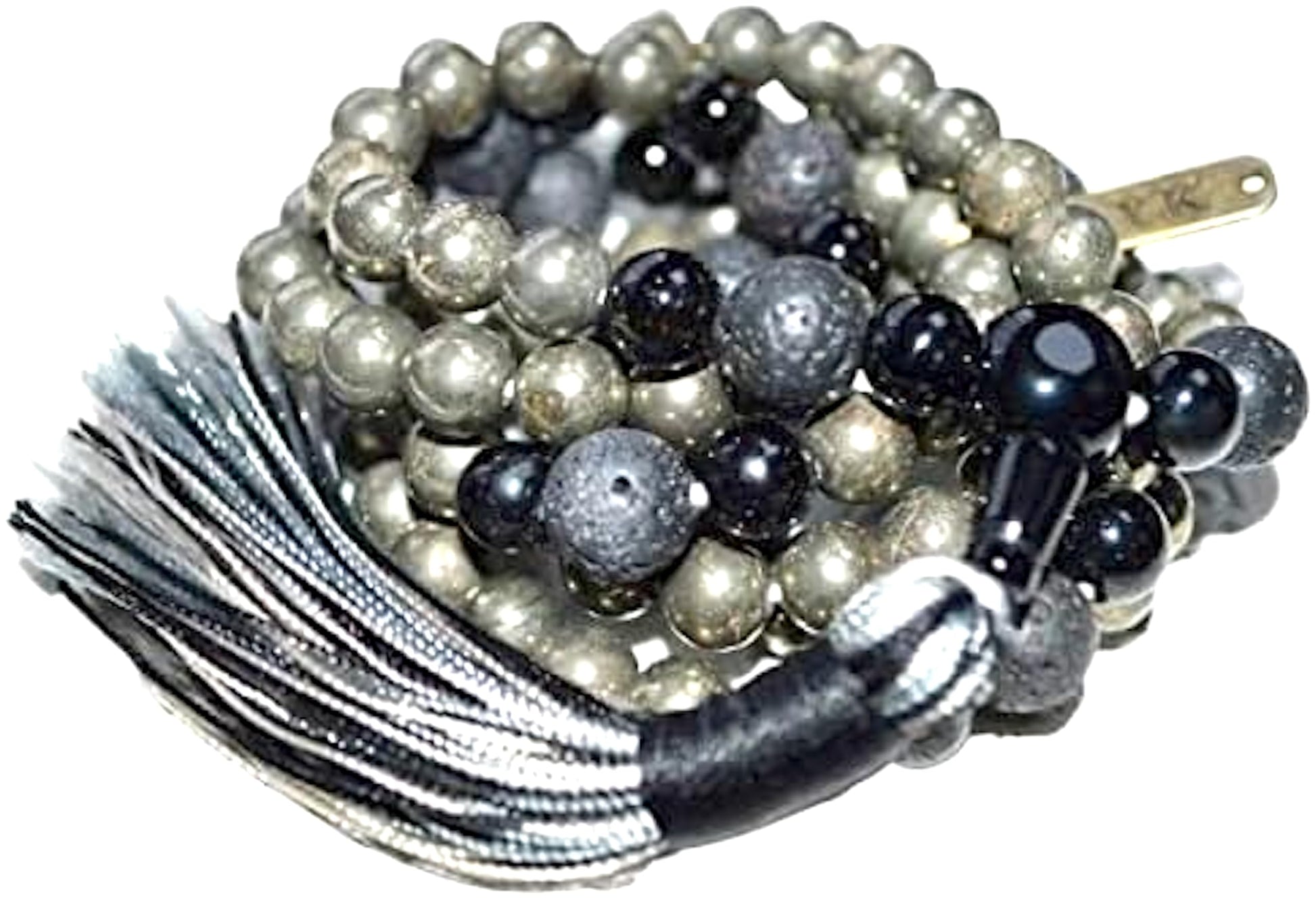 Pyrite Black Tourmaline Lava Mala Necklace 108 Beads Hand-Knotted Handmade USA VULCAN Collection Root Chakra Solar Plexus Protection Grounding EMF Shield Spiritual Warrior Meditation Volcanic Energy Natural Stone AYK