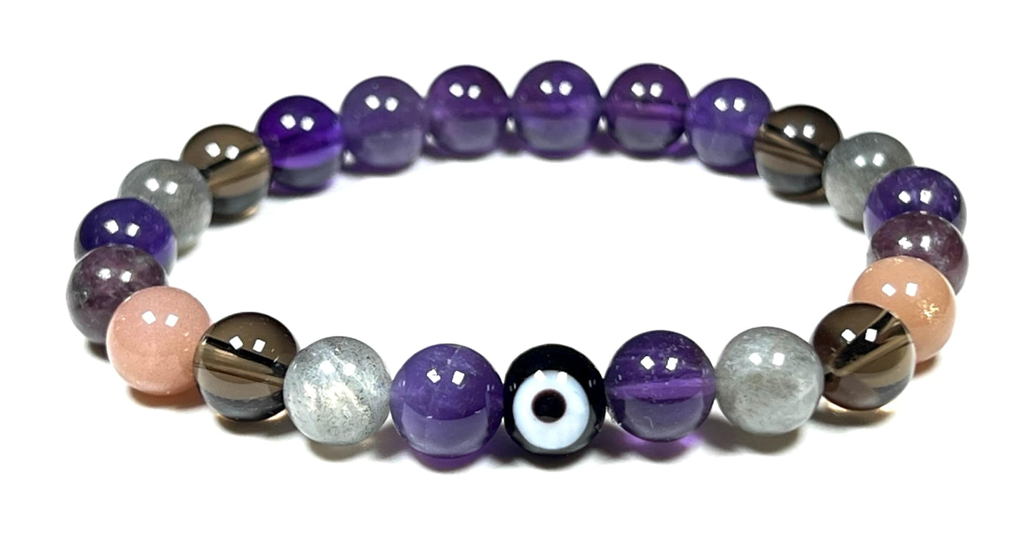 AWAKEN YOUR KUNDALINI Tranquility and Emotional Balance Stretch Bracelet, Evil Eye, Rose Quartz, Amethyst, Smoky Quartz, Labradorite, Charoite
