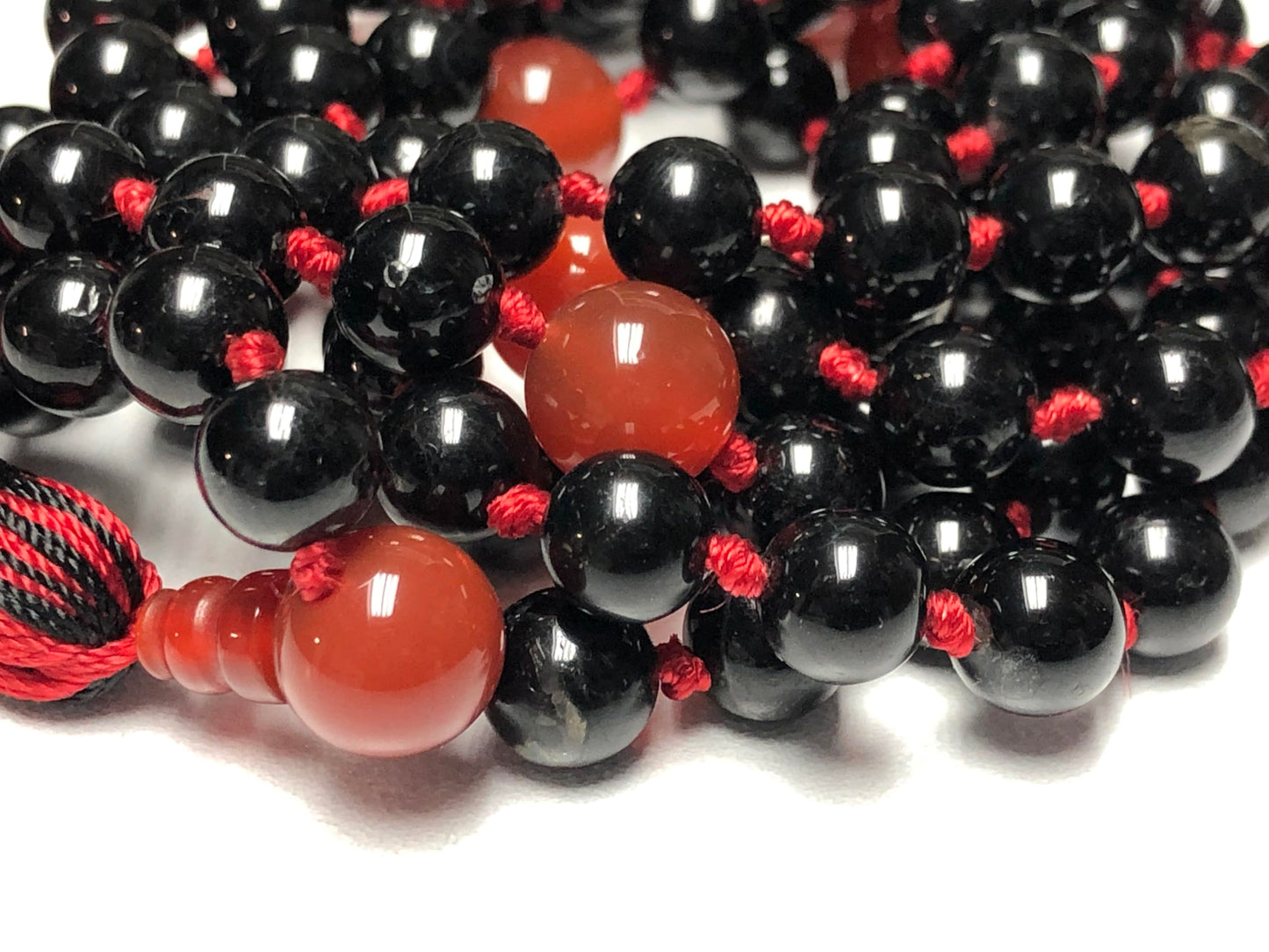 Hand-Knotted Black Tourmaline & Red Carnelian Mala Beads Necklace – 108 Beads – Scorpio & Aries Birthstone – Root & Sacral Chakra Energy Beads