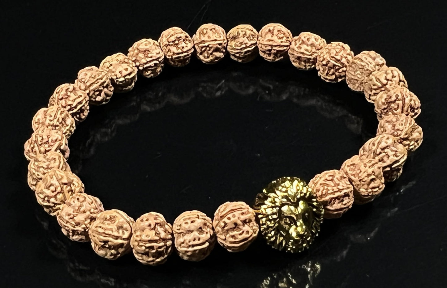 Unleash Inner Strength & Grounding: Handmade 5 Mukhi Rudraksha & Golden Polished Lion Head Bracelet (8mm) - Root Chakra & Universal Sun Sign