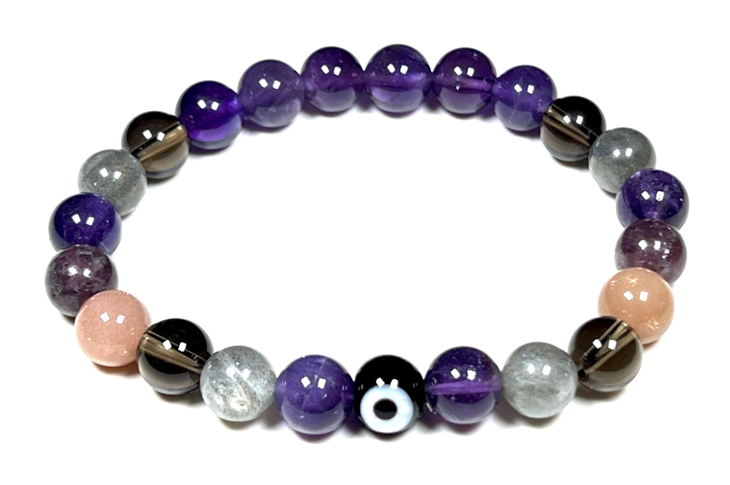 AWAKEN YOUR KUNDALINI Tranquility and Emotional Balance Stretch Bracelet, Evil Eye, Rose Quartz, Amethyst, Smoky Quartz, Labradorite, Charoite