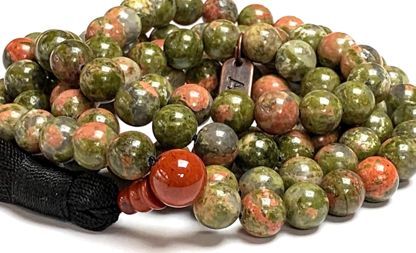 Handmade Heart & Earth Harmony Mala – Unakite Beads with Carnelian Guru | 8mm 108 Beads | Heart & Root Chakras | July Birthstone Energy | Ethically Sourced