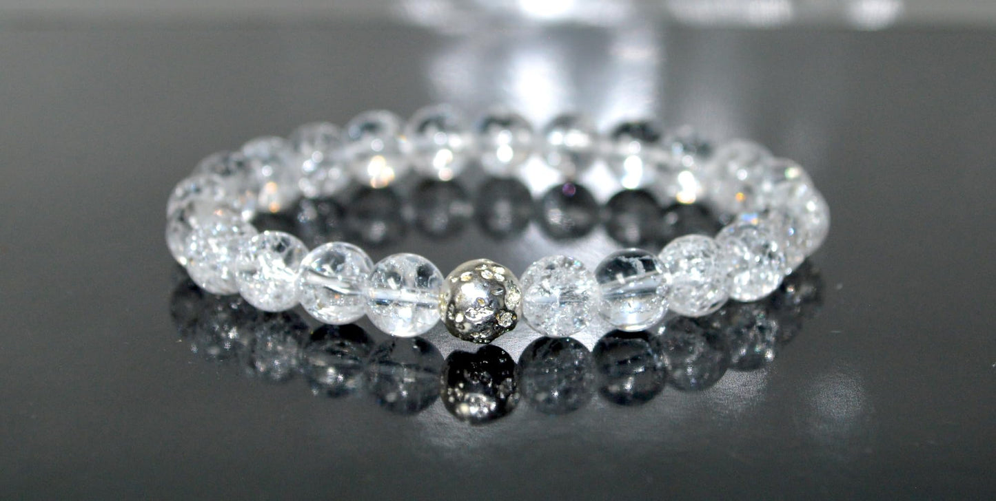 Himalayan Ice Crystal Quartz and Lava Beads Stretch Bracelet – Multi Tone Finish – Aries Birthstone – Universal Sun Sign - Crown Chakra Energy Bracelet