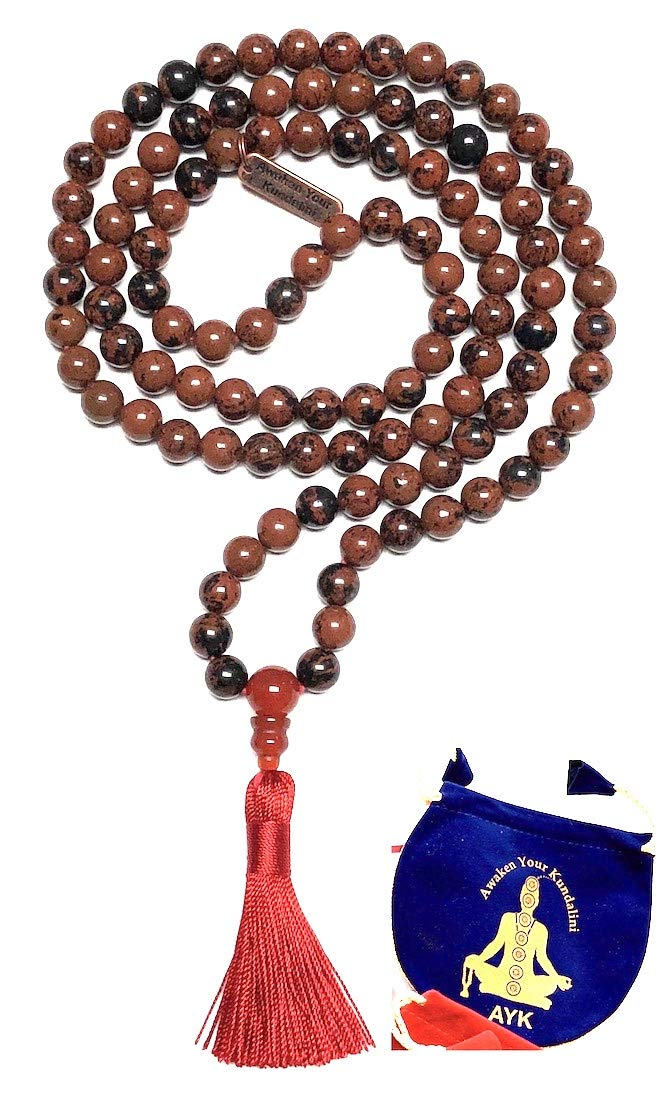 Awaken Your Kundalini Crystals Mala Beads Necklace Reiki healing stones Blessed & Energized Handmade 108 Buddhist Prayer Beads - Comes w/Velvet Pouch (Mahogany Obsidian, 10 mm)