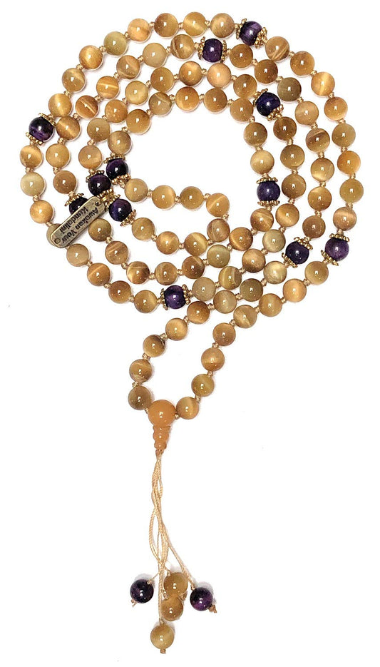 Hand-knotted Golden & Purple Tiger's Eye Mala Beads Necklace - Leo & Sagittarius Birthstone, Astrological Sun Sign Necklace, Solar Plexus & Crown Chakra
