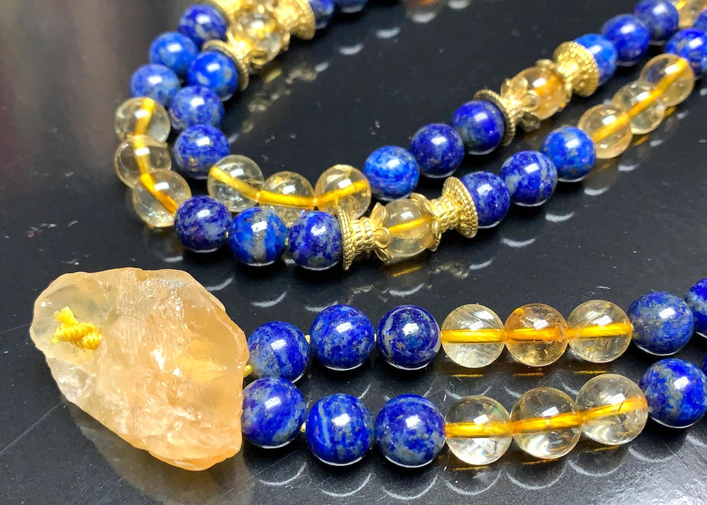 Handmade Golden Wisdom Mala Necklace – Citrine & Lapis Lazuli | 8mm 108 Beads | Solar Plexus & Throat Chakras | November & September Birthstones | Ethically Sourced