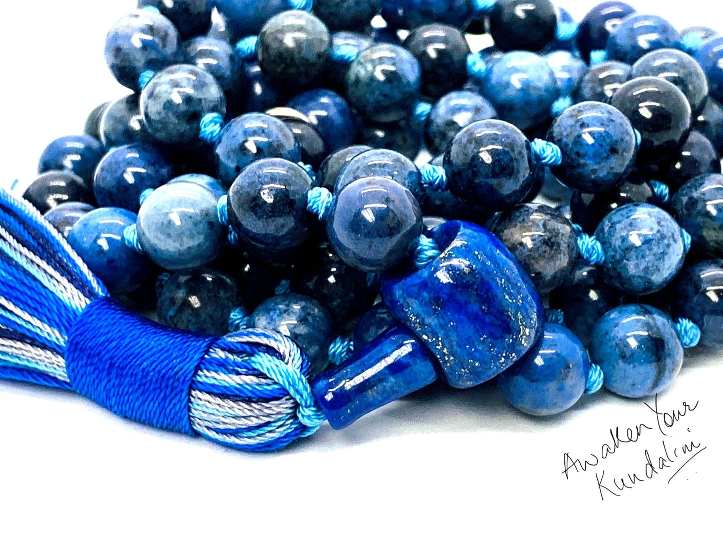 Hand Knotted Dumortierite Mala Necklace β 8mm | 108 Beads | Third Eye & Throat Chakras | September Birthstone Energy | Stone of Mental Clarity & Patience | Ethically Sourced