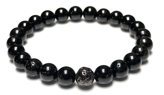 Black Tourmaline And Lava Rock Stretch Bracelet - October Birthstone for Libra - Root Chakra Association