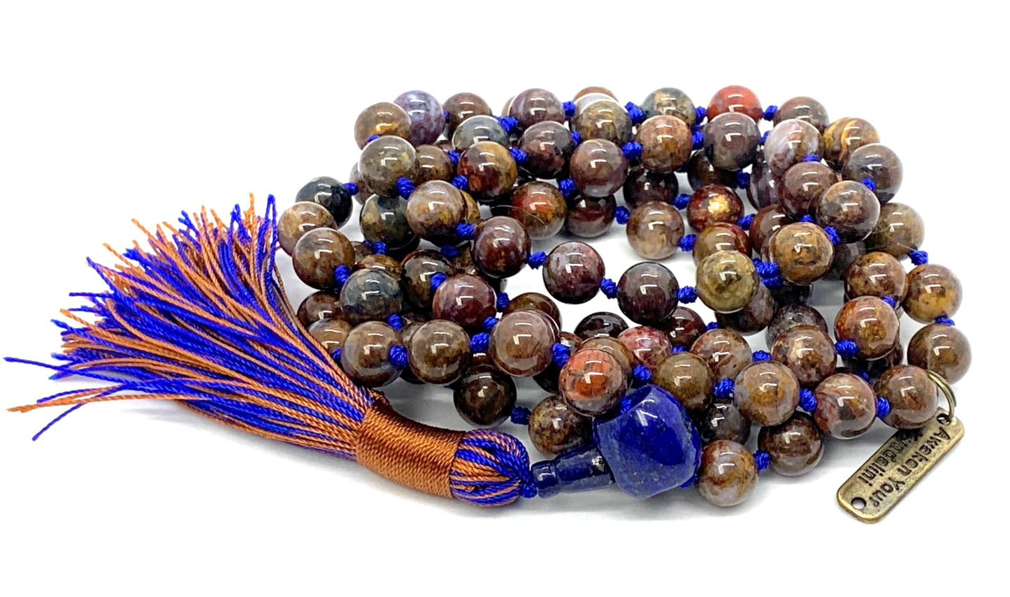 Hand Knotted Pietersite Mala Necklace – 8mm | 108 Beads | Third Eye & Solar Plexus Chakras | September Birthstone Energy | Ethically Sourced