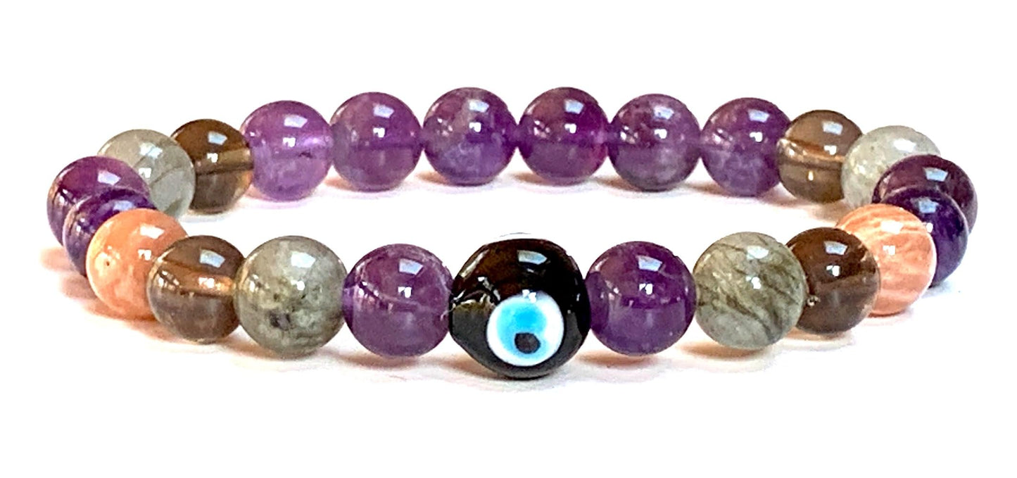 AWAKEN YOUR KUNDALINI Crystal of Strength Stretch Bracelet, Crown, Solar Plexus, Third Eye, Root Chakra, Leo Birthstone