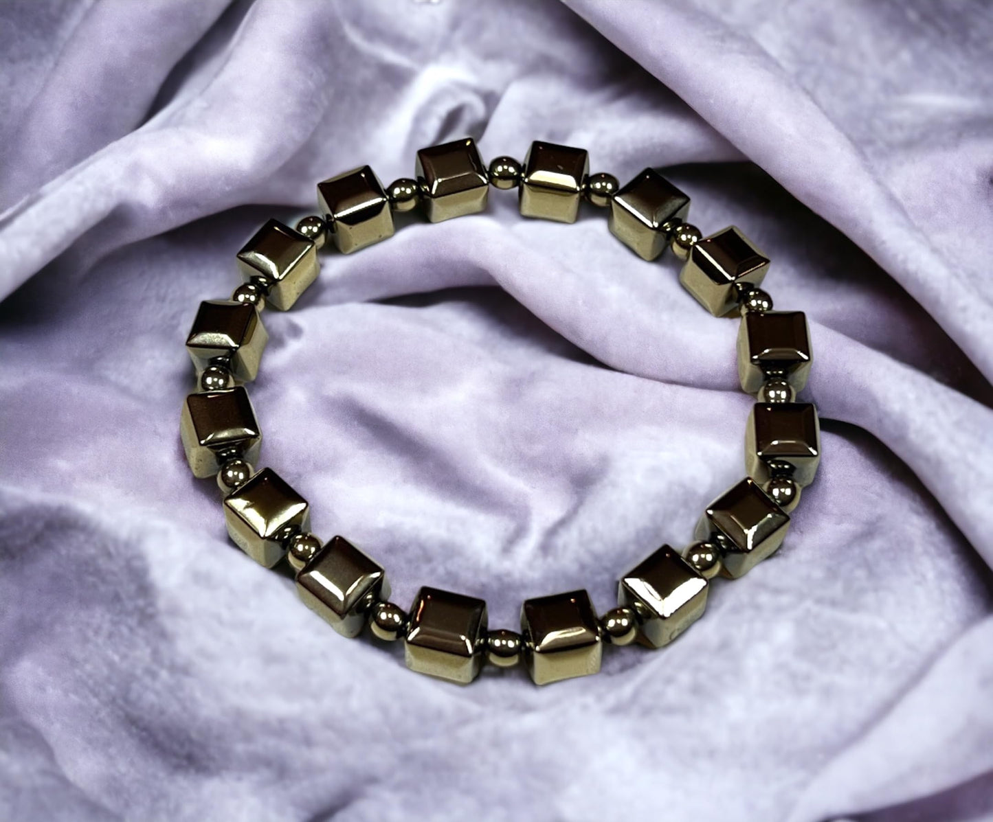 Handmade Pyrite Stretch Bracelet – 8mm Cube and Round Beads – Leo Birthstone – Solar Plexus Chakra – Approx. 7 Inch Wrist Size