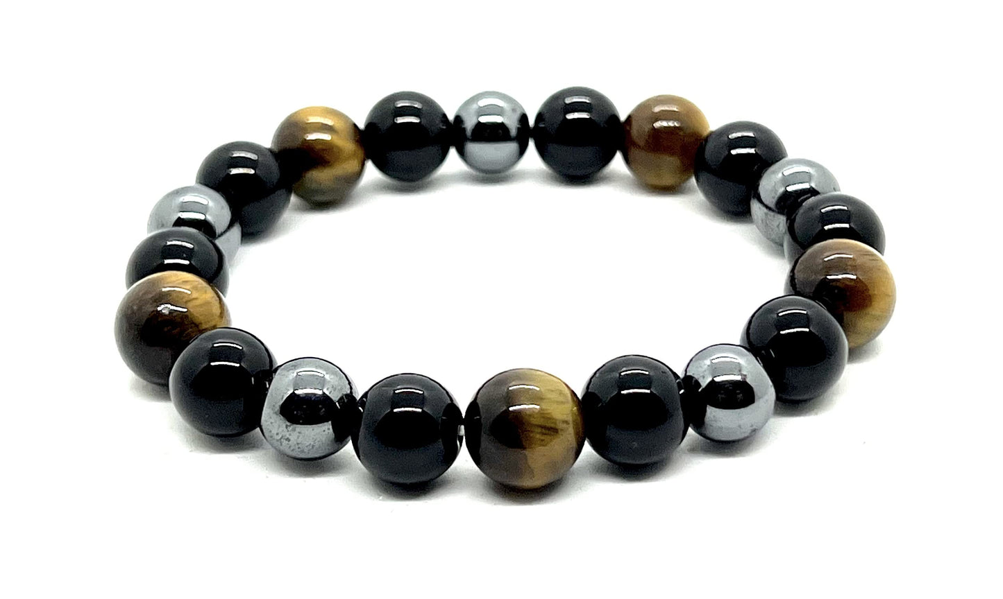 Triple Protection Bracelet - Tiger's Eye Black Tourmaline and Pyrite 10mm Beaded Stretch Bracelet - 7.5 Inches Wrist Size