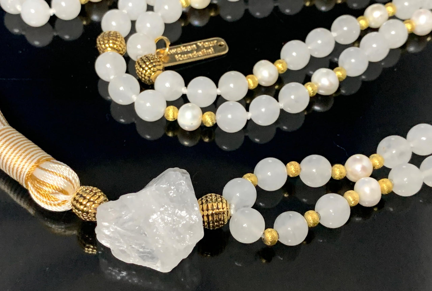 Hand-Knotted Selenite Pearl Mala Necklace with Hematite Guru Bead, 8mm, 108 Beads – Cancer Birthstone for June July - Third Eye Chakra Necklace