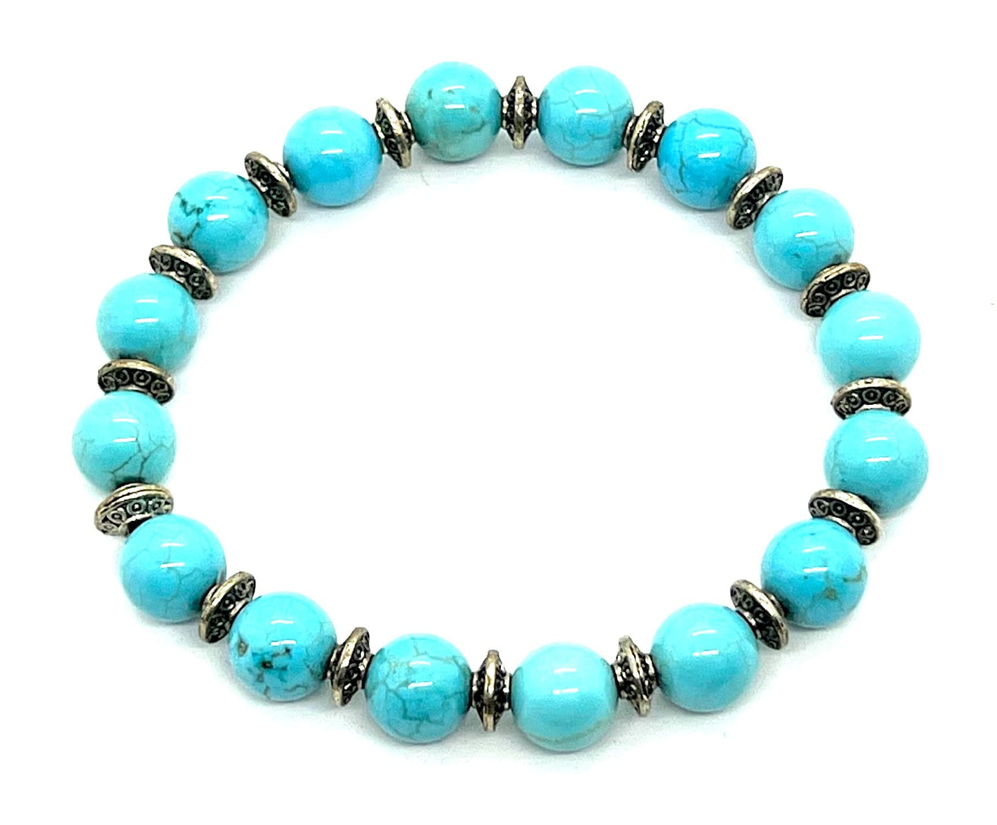 Turquoise Stretch Bracelet, Natural Gemstone Beads, Beaded Wristband, Boho Style, Handmade Jewelry, Communication, Emotional Balance - Approx. 7.25 Inches Wrist Size