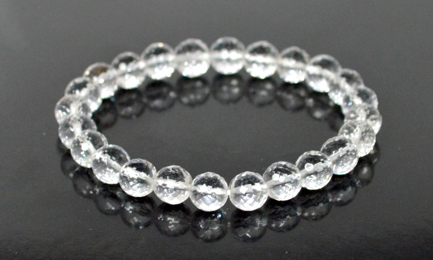 Diamond Cut Crystal Quartz Stretch Bracelet – 6mm & 8mm – April Birthstone for Aries and Taurus Zodiac Sun Sign – Crown Chakra Energy Bracelet