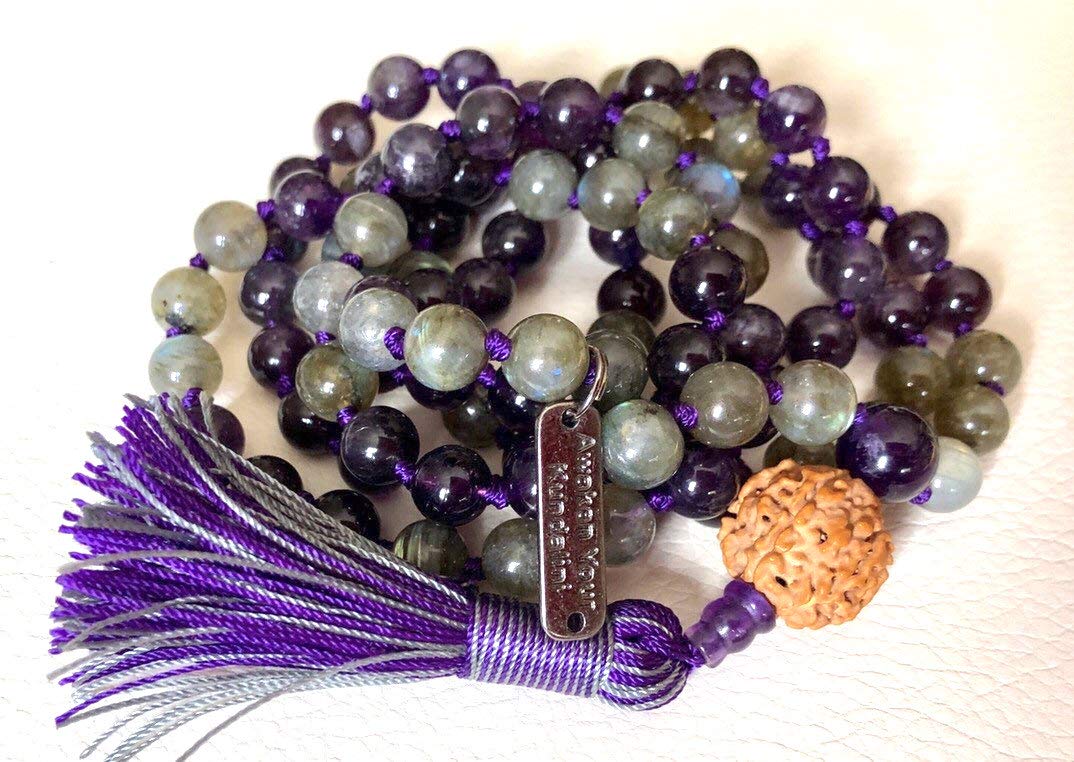 Amethyst & Labradorite Mala Necklace with Rudraksha | SOMA Collection