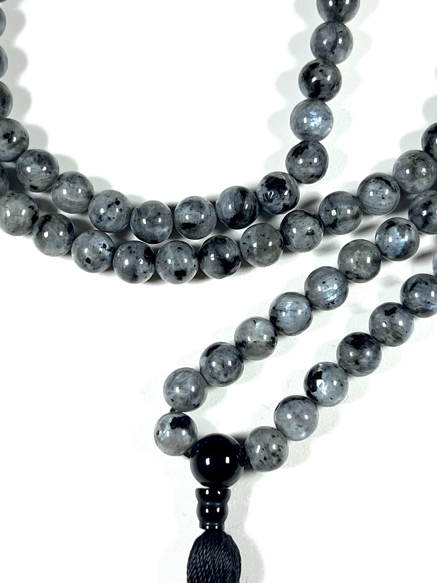 Handmade Larvikite Mala Beads Necklace | Iridescent Blue & Silver Flashes | 8mm 108 Beads | Hand-Knotted Nordic Protection Stone | Birthstone & Root Chakra Energy