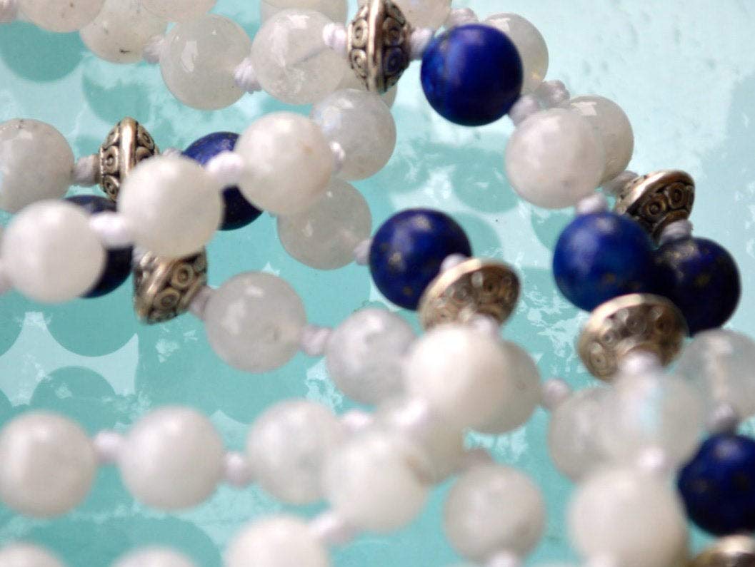 Awaken Your Kundalini 6 mm, 8 mm, AAA Grade Moonstone Mala Beads Necklace, (Knotted Moonstone & Lapis Lazuli, Moonstone bead ; 6 mm)