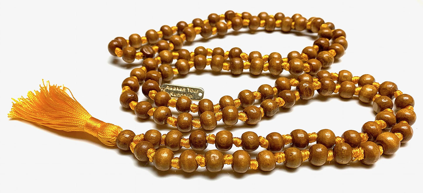 Awaken Your Kundalini Tulsi mala beads necklace hand knotted mala holy basil beads 8 mm 108 Buddhist prayer beads 7 Chakra mala colors - w/Velvet mala pouch (THIRD SOLAR CHAKRA)