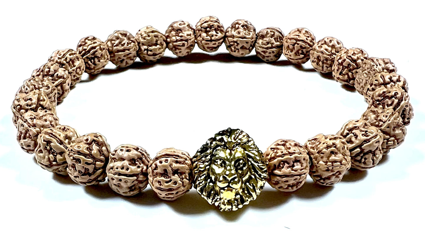 Unleash Inner Strength & Grounding: Handmade 5 Mukhi Rudraksha & Golden Polished Lion Head Bracelet (8mm) - Root Chakra & Universal Sun Sign