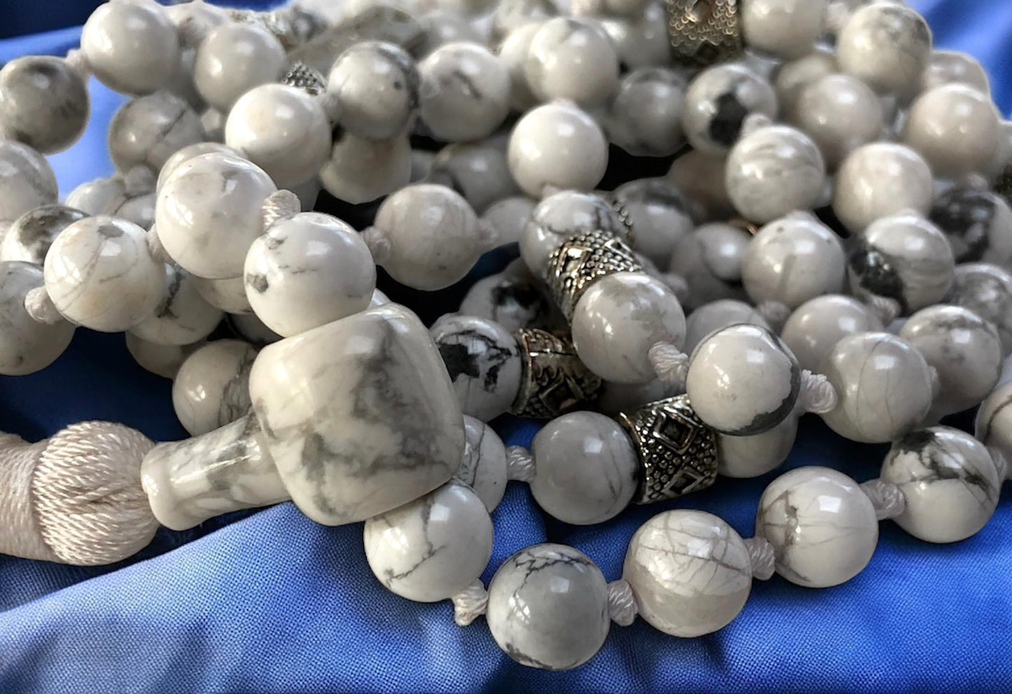 Hand Knotted White Howlite Mala Necklace (8mm 108 Beads, Zinc Alloy Spacers) - Gemini Birthstone, Zodiac Sign, and Throat Chakra