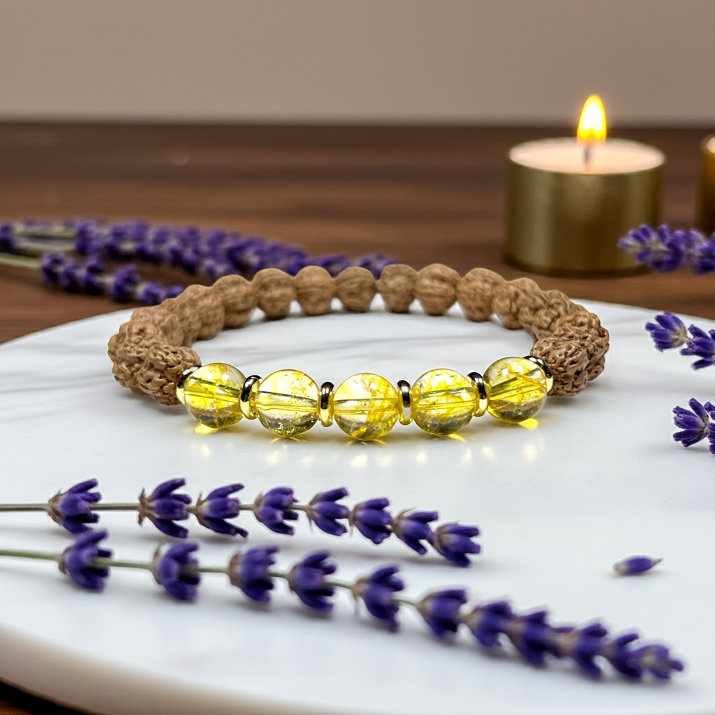 5 Mukhi (5 Faces) Chikna Rudraksha and Citrine Stretch Bracelet - November Birthstone for Sagittarius and Scorpio - Solar Plexus Chakra