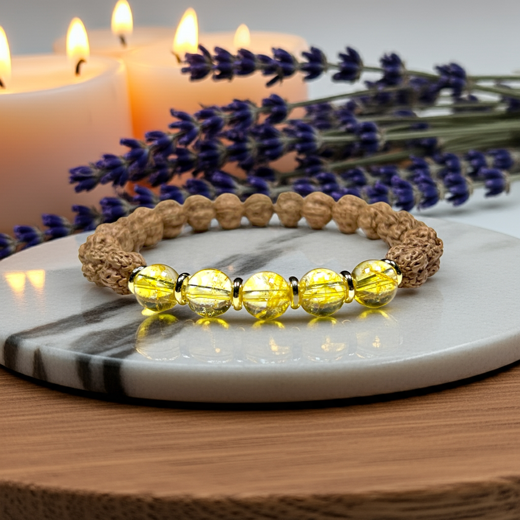 5 Mukhi (5 Faces) Chikna Rudraksha and Citrine Stretch Bracelet - November Birthstone for Sagittarius and Scorpio - Solar Plexus Chakra