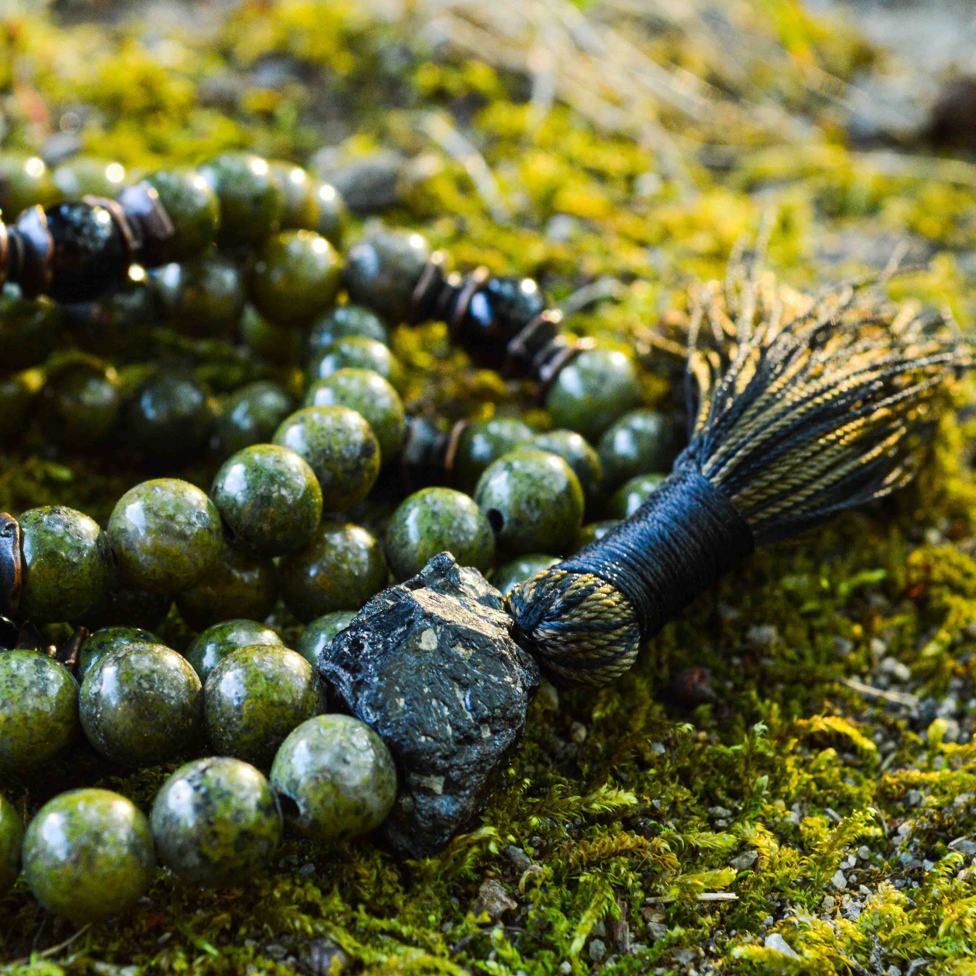 Green African Jade & Tourmaline meditation mala necklace lifestyle shot showing length and drape for spiritual practice