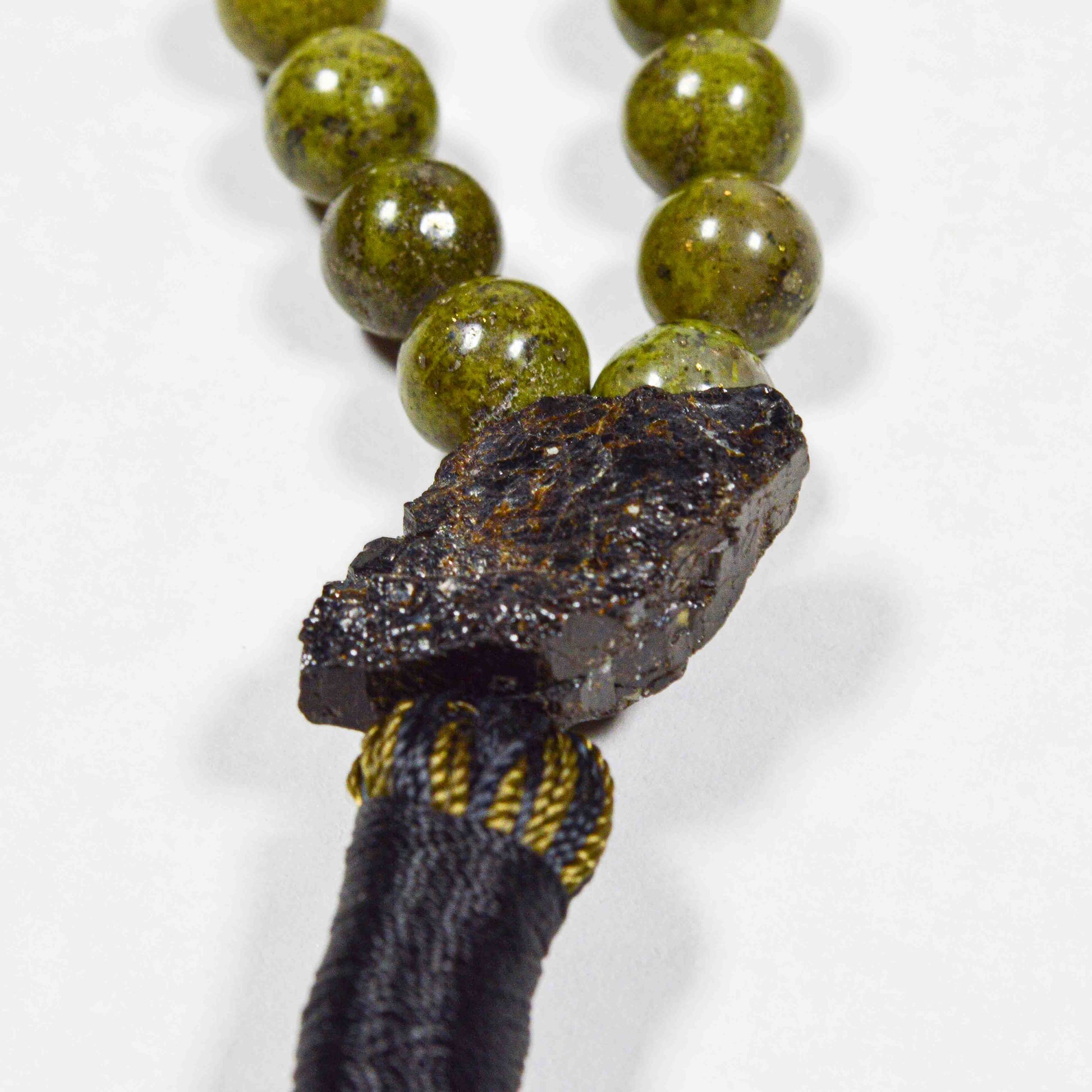 VITA VESTA Collections Green African Jade & Tourmaline mala necklace highlighting natural stone patterns and grounding energy