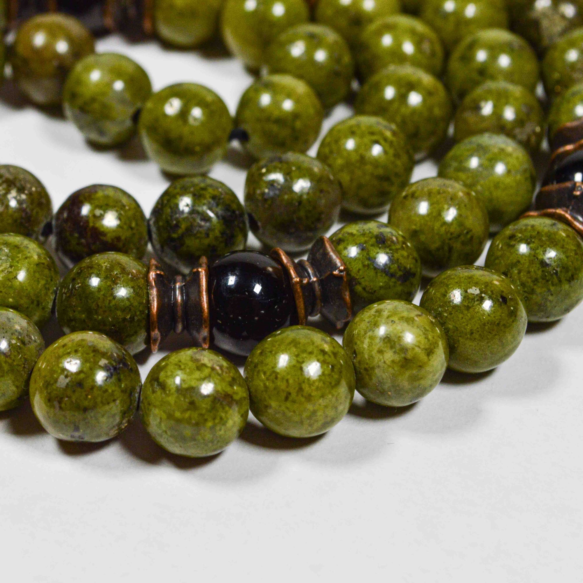 Alternative angle of Green African Jade & Tourmaline mala necklace showcasing the natural beauty of mixed gemstone beads