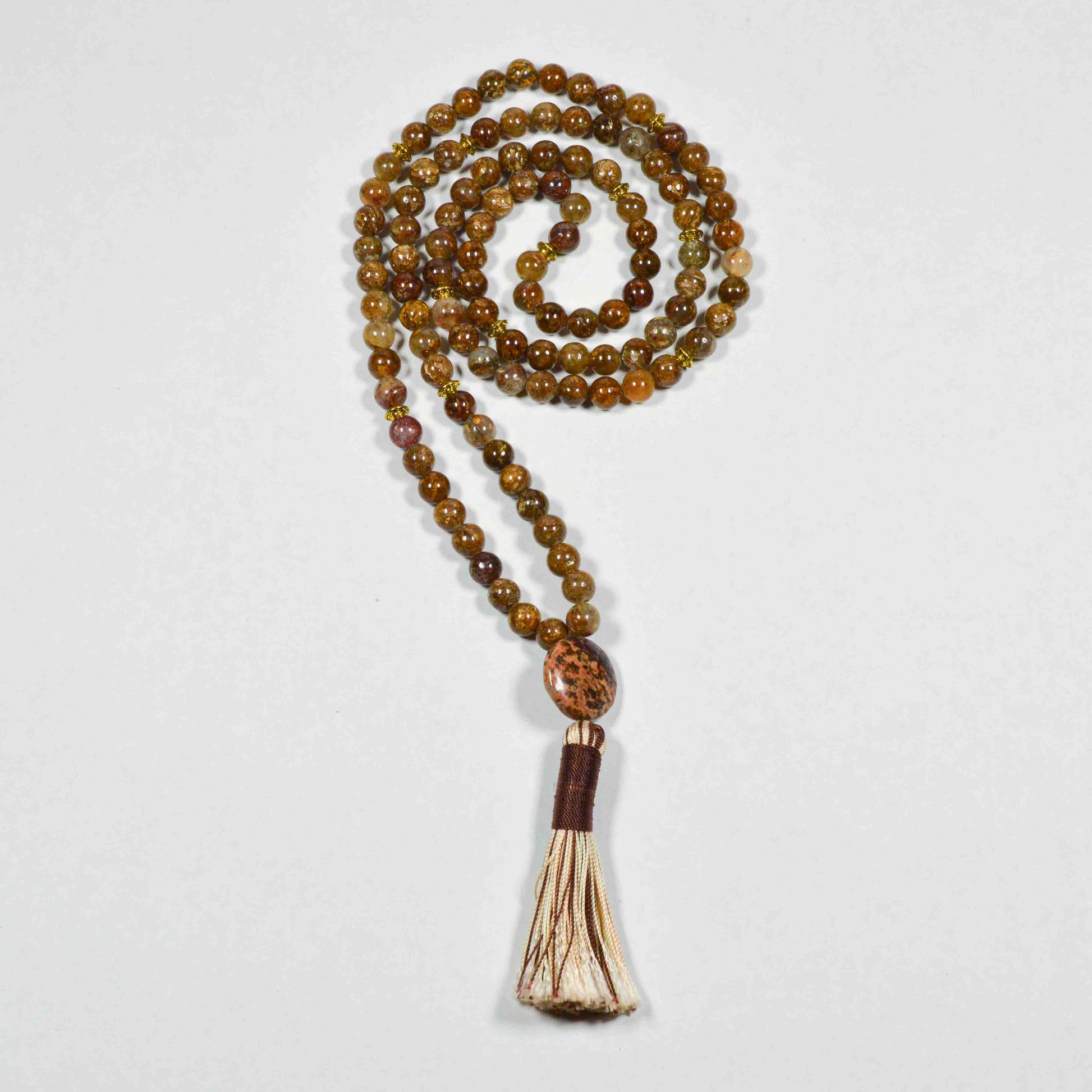 Gold Leaf Jasper meditation mala necklace lifestyle shot showing length and drape