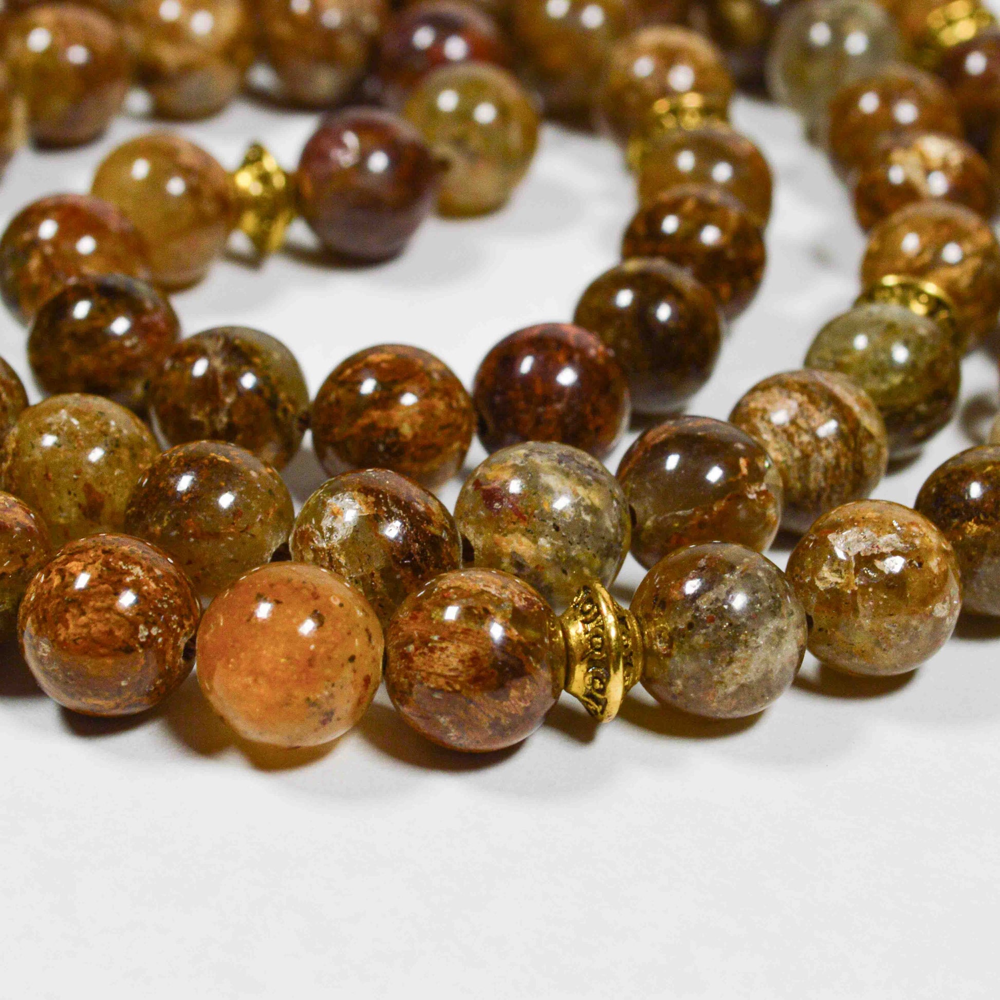 SAMTA Collection Gold Leaf Jasper mala necklace showing natural stone patterns and textures