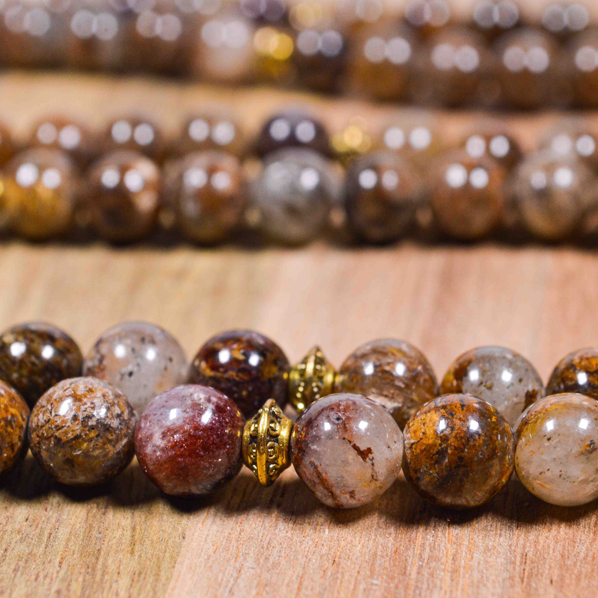 Additional view of Gold Leaf Jasper mala necklace highlighting natural stone variations