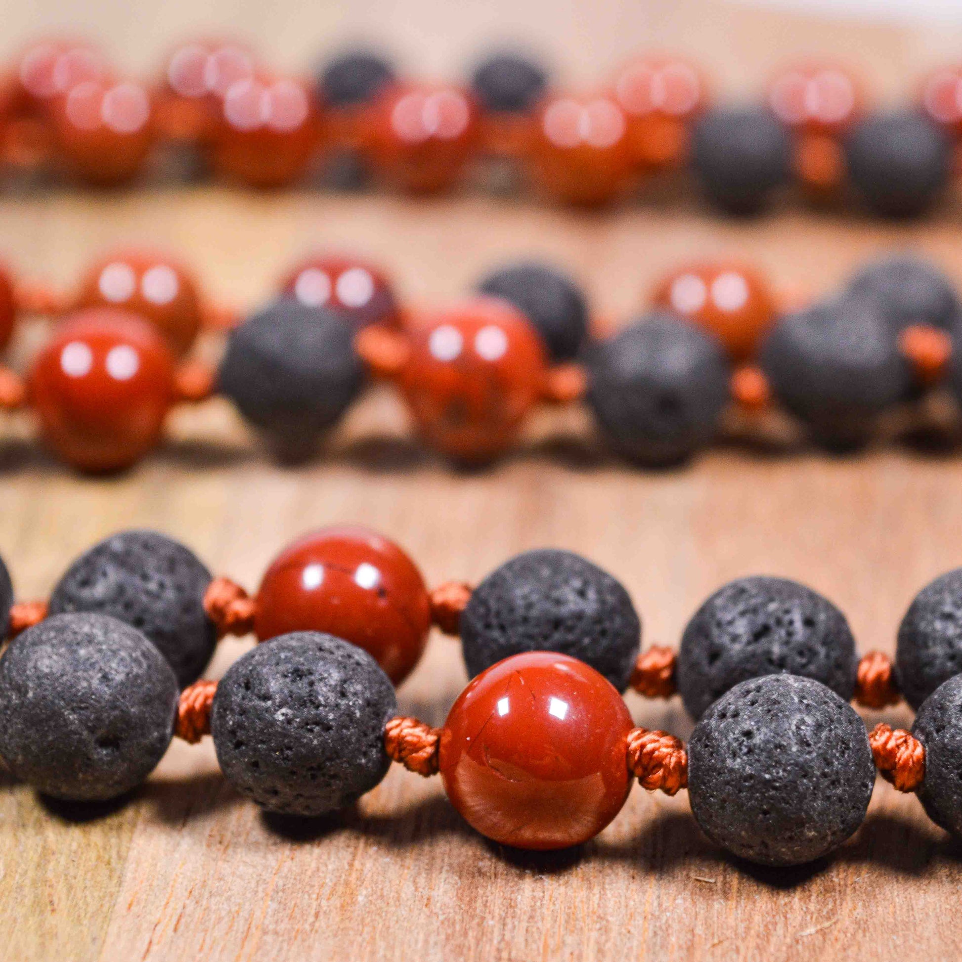 VULCAN Red Jasper Lava Mala Close-up 108 Beads 8mm Natural Stone Sacred Red Jasper Lava Beads Root Chakra Grounding Courage Spiritual Protection Handmade USA AYK Collection Fire Element Aries Scorpio