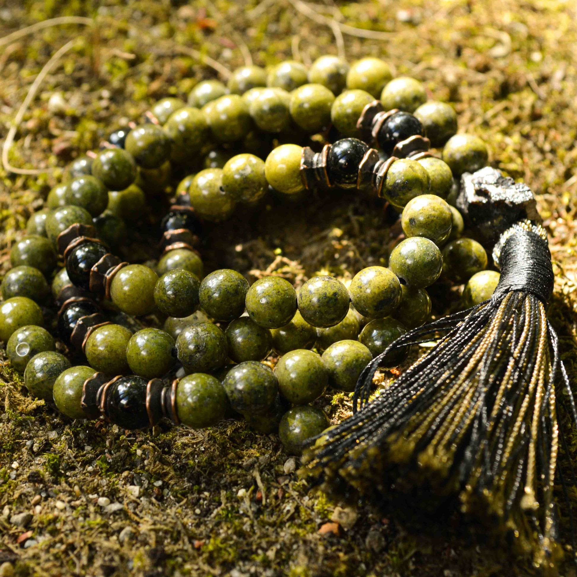Green African Jade & Tourmaline Mala Necklace with 108 hand-knotted beads from VITA VESTA Collections by Awaken Your Kundalini