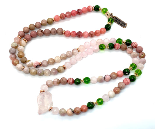Self Love Mala Necklace Heart Chakra Healing AMARA Collection by AYK with rose quartz and pink gemstones