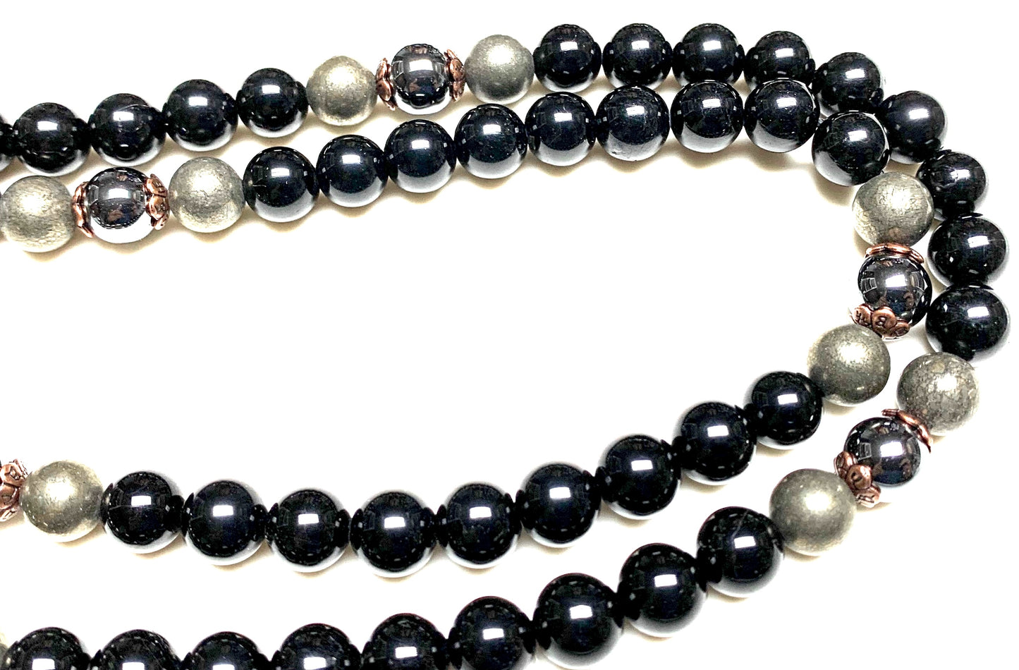 Hand-knotted 108 bead Tourmaline Terahertz Pyrite Hematite mala necklace for protection and grounding