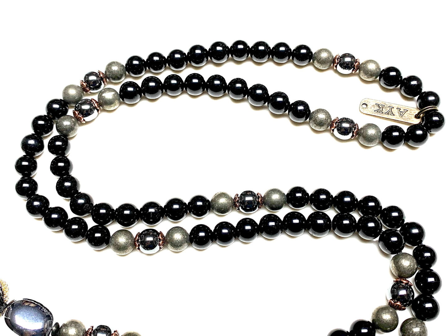 VESTA Collection Tourmaline Terahertz Pyrite Hematite mala worn as spiritual jewelry