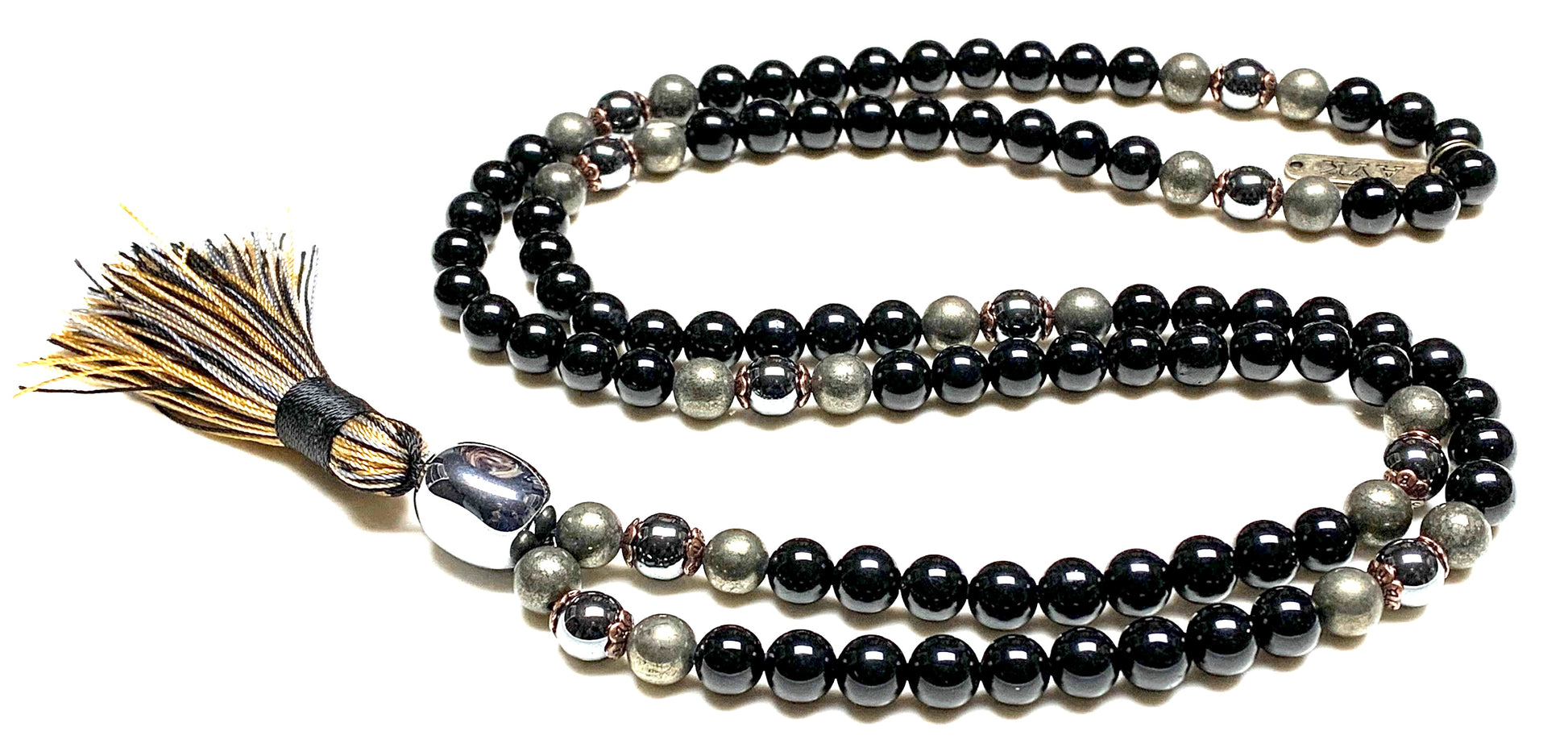 Complete view of 108 bead Tourmaline Terahertz Pyrite Hematite mala for meditation and spiritual practice